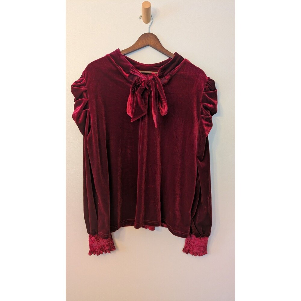 Cezele Red Velvet Top L Puff Sleeve Holiday Victorian Vamp Whimsigoth Tie Back - Picture 6 of 13